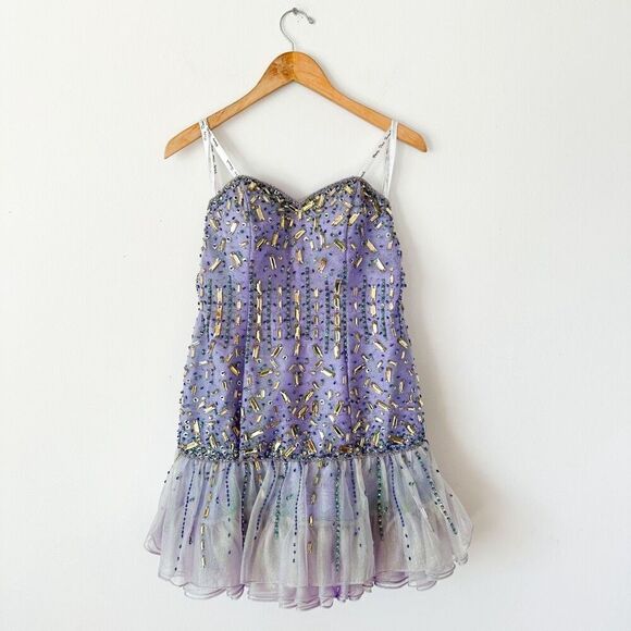 Party Time Formals Women’s Purple Iridescent All over Beaded Bodice Tulle Mini D - Picture 1 of 16